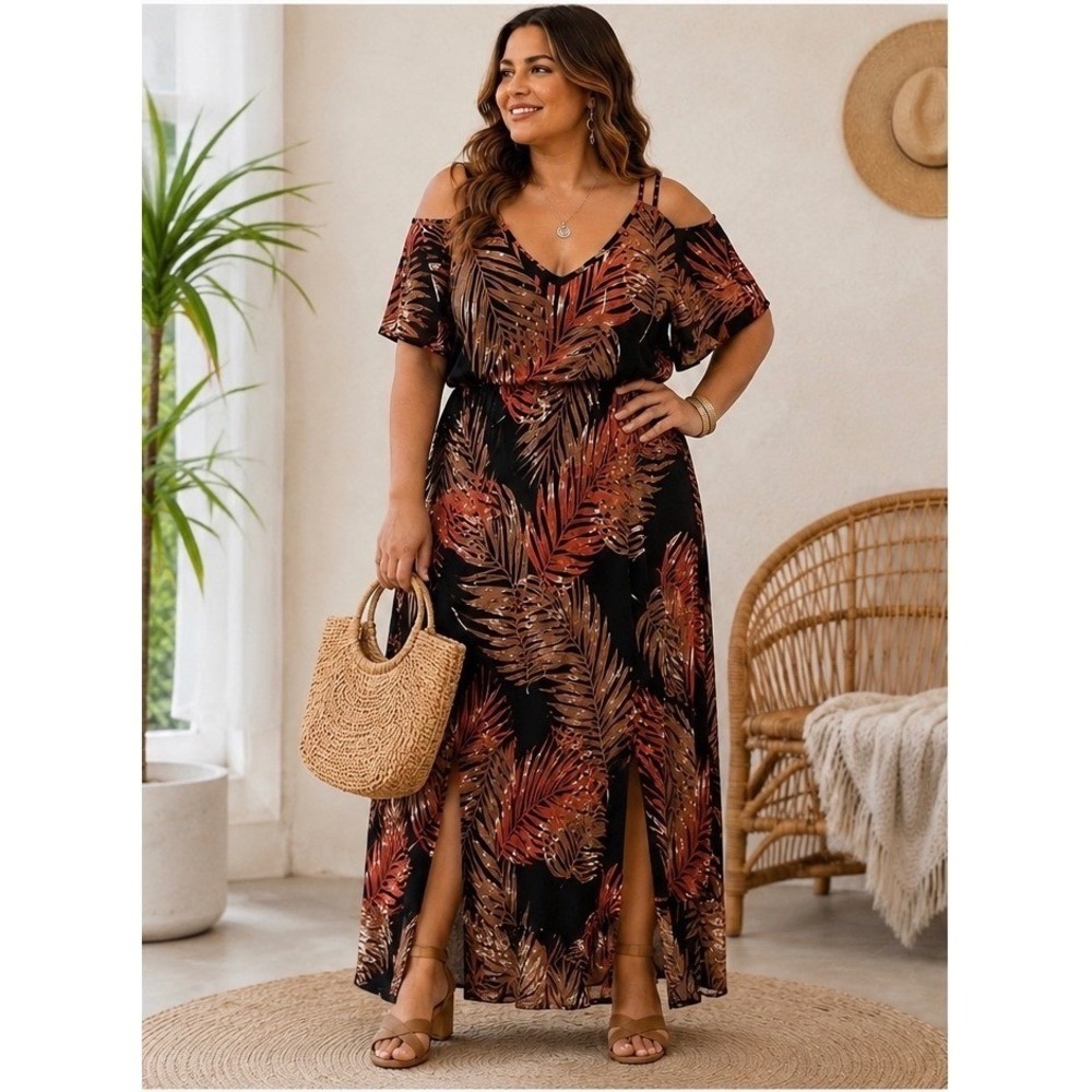 Womens Tropical Palm Print Cold Shoulder Maxi Dress XL Resort Cruise Boho